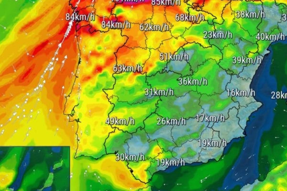 El viento podría dejar rachas fuertes en el noroeste peninsular la tarde del domingo, al llegar el frente asociado a esta nueva borrasca. Mapa: Eltiempo.es