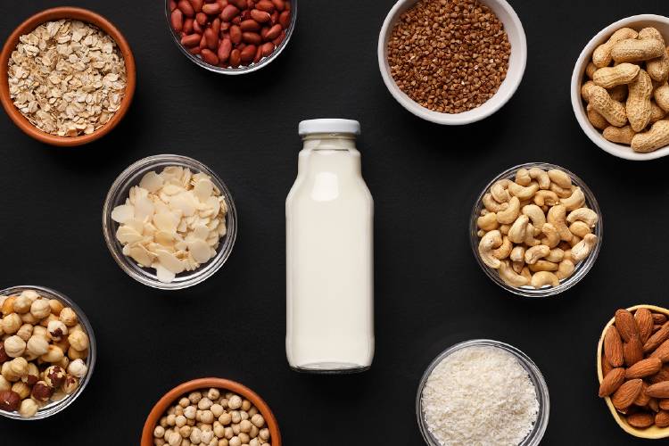 leche vegetal Una botella de leche con cereales y legumbres alrededor