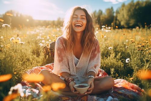 Mujer sonriente disfrutando de una comida en la naturaleza Mujer sonriente disfrutando de una comida en la naturaleza