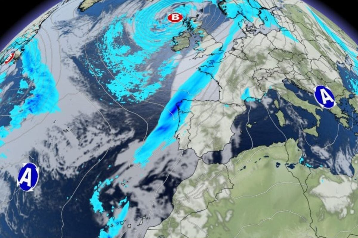 Una nueva borrasca, que sufrirá una ciclogénesis explosiva el fin de semana circulará muy al norte y apenas nos afectará. Mapa: Eltiempo.es