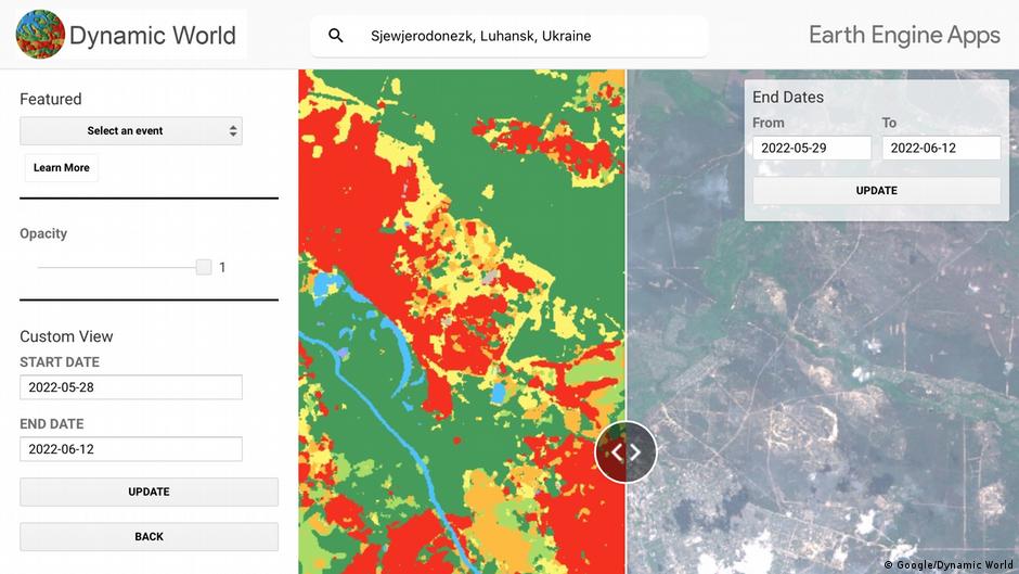 Dinamic World Google Antes y después: la destrucción en la asediada ciudad de Severodonetsk, en el este de Ucrania, está marcada en rojo.