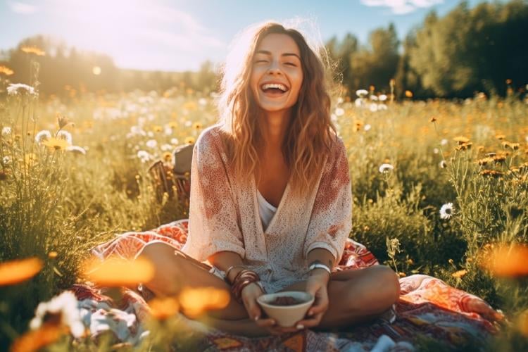 Mujer sonriente disfrutando de una comida en la naturaleza Mujer sonriente disfrutando de una comida en la naturaleza
