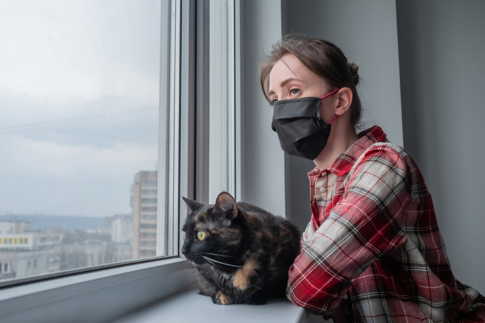 mujer ventana gato barbijo mujer ventana gato barbijo