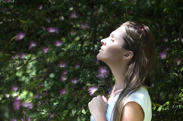mujer sol flores Una mujer de frente al sol con flores y plantas de fondo