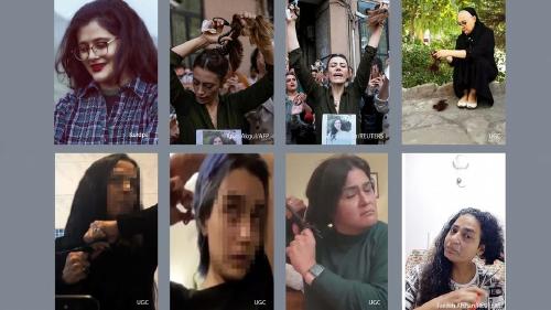 Mujeres iraníes se cortan públicamente el cabello para protestar por la muerte de Mahsa Amini.