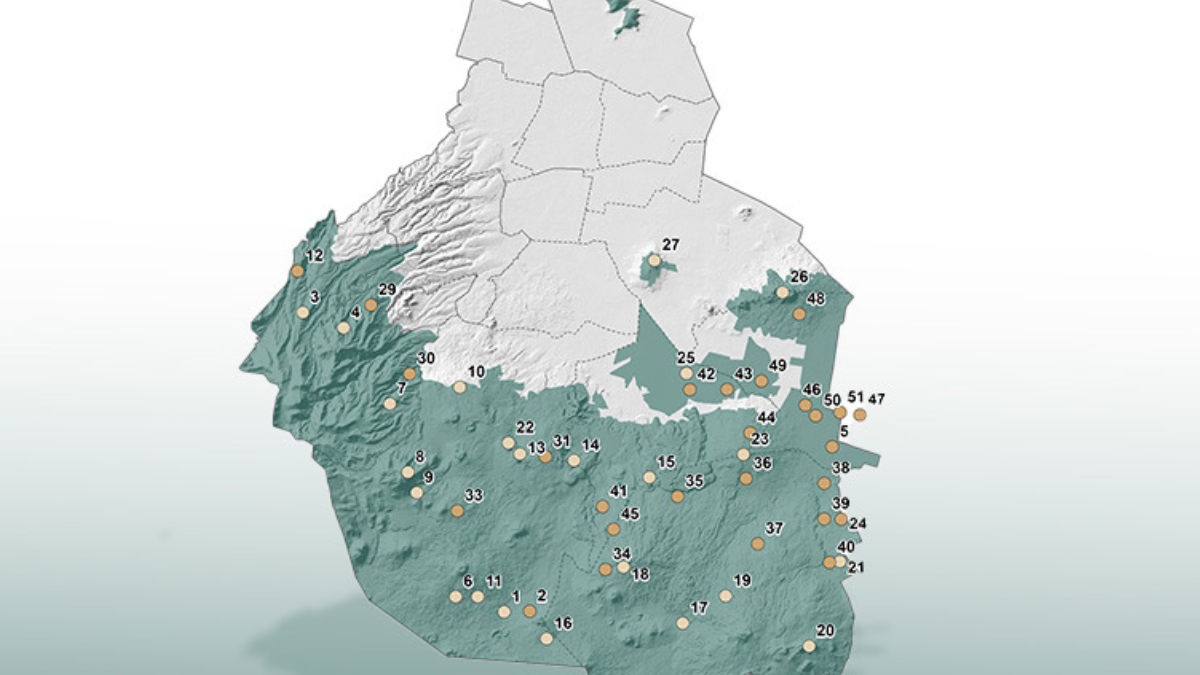 Se indican, en Ciudad de México, los sitios donde se estudiaron suelos de conservación en zonas agrícolas y ecosistemas.