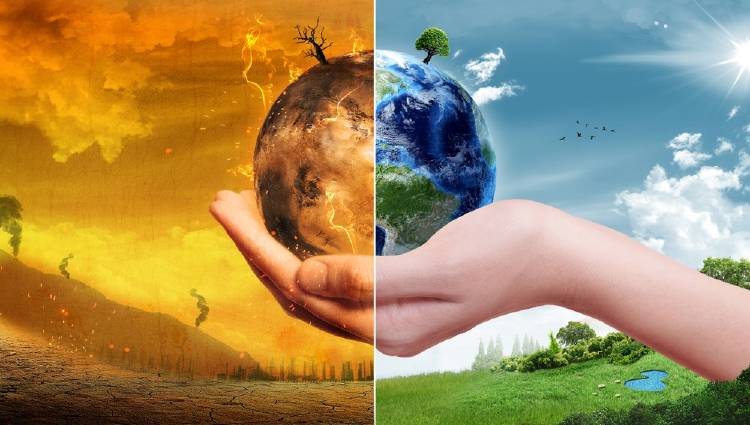 Tierra sana y Tierra afectada por el calentamiento global sostenida por una mano