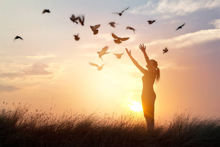 pajaros vuelan alrededor de una mujer al aire libre