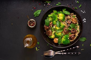 dietary menu healthy vegan salad vegetables broccoli mushrooms spinach quinoa bowl flat lay top view dietary menu healthy vegan salad vegetables broccoli mushrooms spinach quinoa bowl flat lay top view