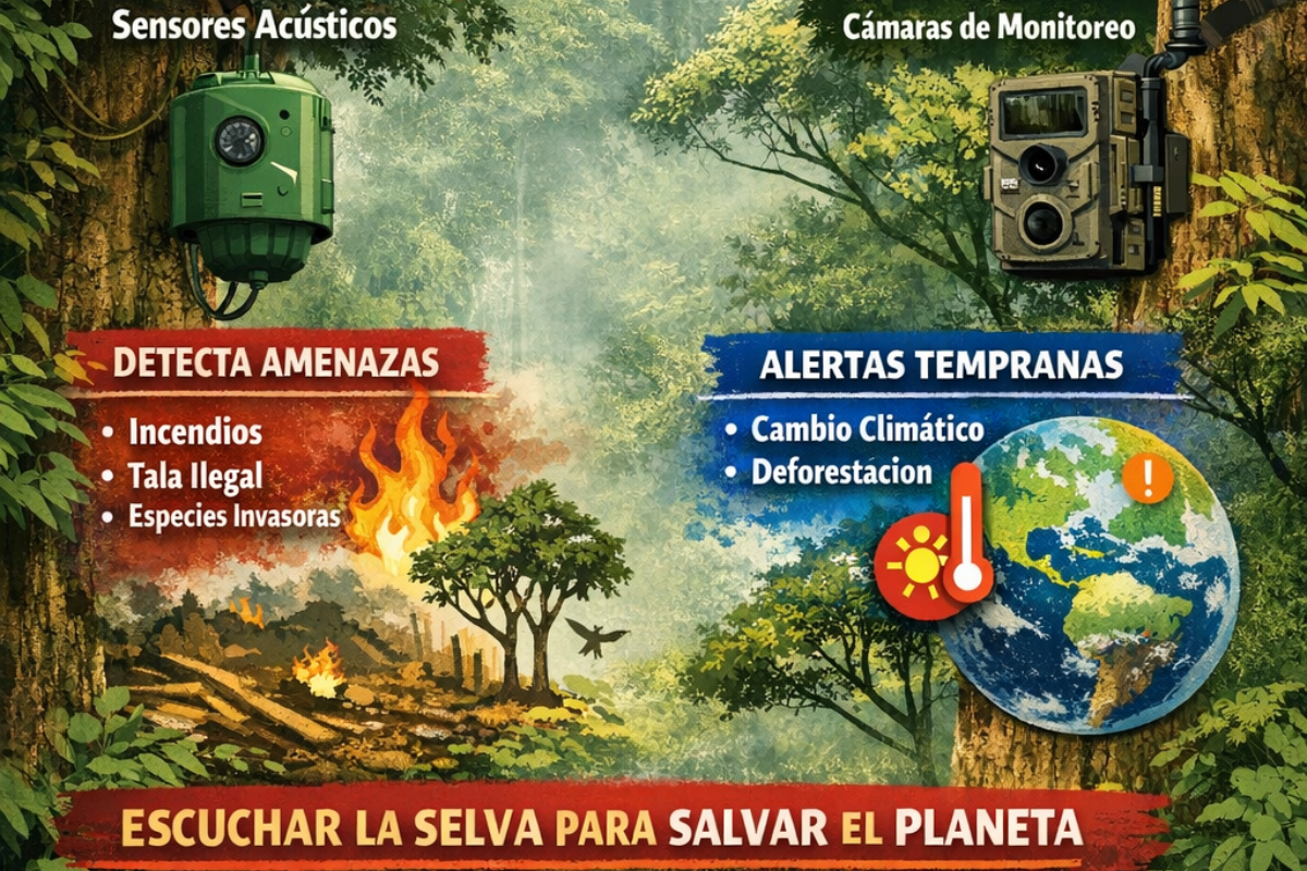 Tecnología, ciencia y naturaleza se unen en una red de “oídos” y “ojos” que escucha a la selva amazónica para anticipar riesgos y proteger su biodiversidad. (Imagen: IA)