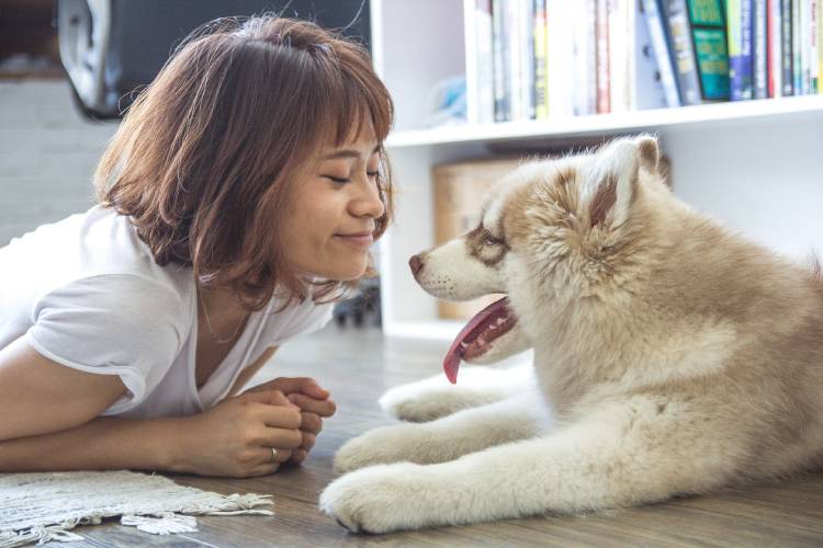 Una mujer recostada en el piso con su mascota