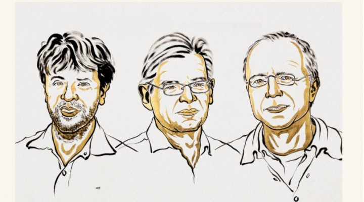 Los ganadores del Premio Nobel de Medicina: Karl Deisseroth (izq.), Peter Hegemann y Georg Nagel. Créditos: Ill. Niklas Elmehed © Nobel Prize Outreach