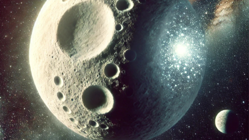 miniluna Representación artística de la \"miniluna\", una pequeña parte del satélite lunar flotando junto a la Luna. La imagen muestra el fragmento brillante y rocoso en el espacio, rodeado por un fondo estrellado, dando una atmósfera mística y cósmica. (Foto: IA)