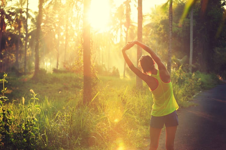 mujer entrena mujer entrena al amanecer en la naturaleza