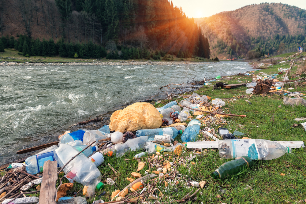 basura y desechos plasticos contaminan la orilla del rio