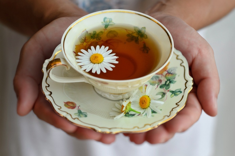 Una persona sostiene en sus manos una taza de té de manzanilla