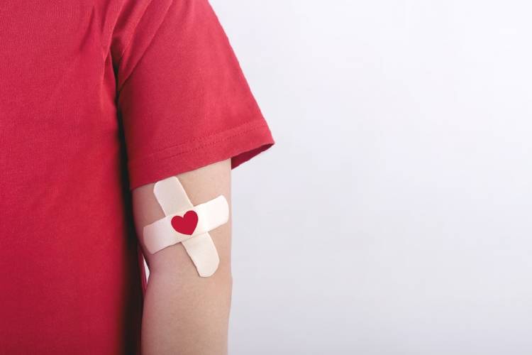 donar sangre Un niño con una venda adhesiva en el brazo