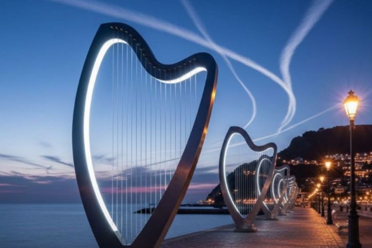 Una estructura urbana que une arte, viento y tecnología para crear melodías naturales. Imagen: Chatgpt