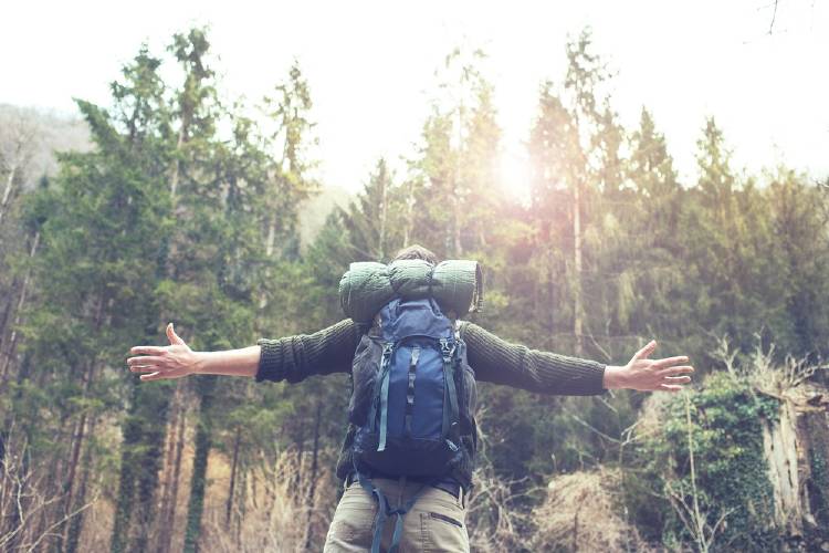 mochilero en un bosque feliz plenitud aventura libertad