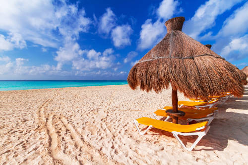 playa del carmen playa del carmen limpia con palapas en primer plano