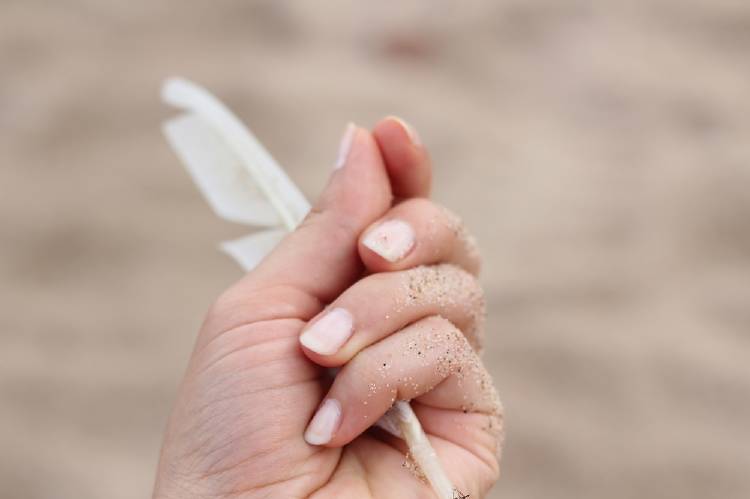 mano uñas pluma Una mujer sostiene una pluma sobre un fondo de arena