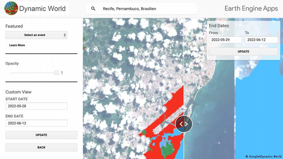 Las devastadoras inundaciones en Recife, Brasil, están marcadas en rojo en el mapa.