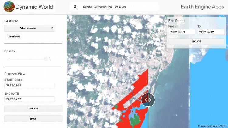 Las devastadoras inundaciones en Recife, Brasil, están marcadas en rojo en el mapa.