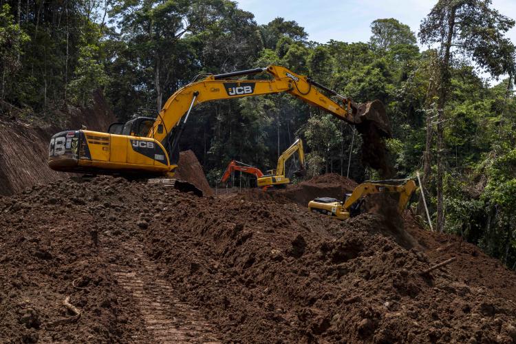 Retroexcavadoras se abren paso en medio de bosque primario, en territorio Waorani, y aplanan el suelo en lo que será la vía a Toñampare. Foto: Armando Prado.