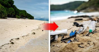 Isla antes y después de ser contaminada por plásticos de un solo uso