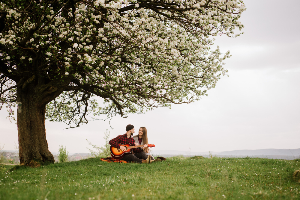 Una pareja sentada debajo de un árbol