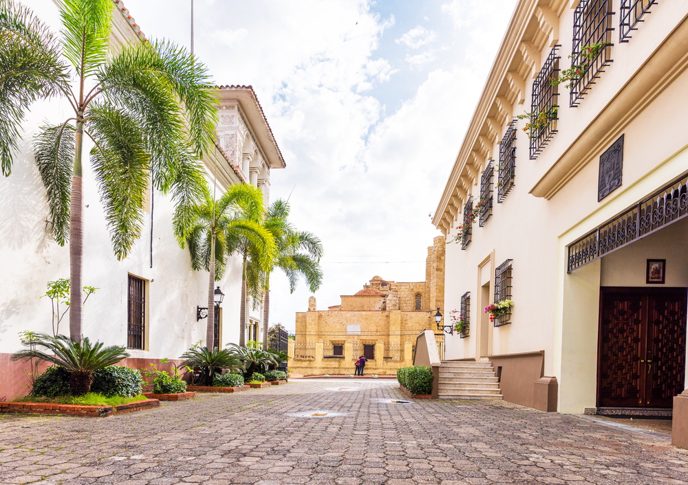 Calle histórica con palmeras en Santo Domingo, República Dominicana