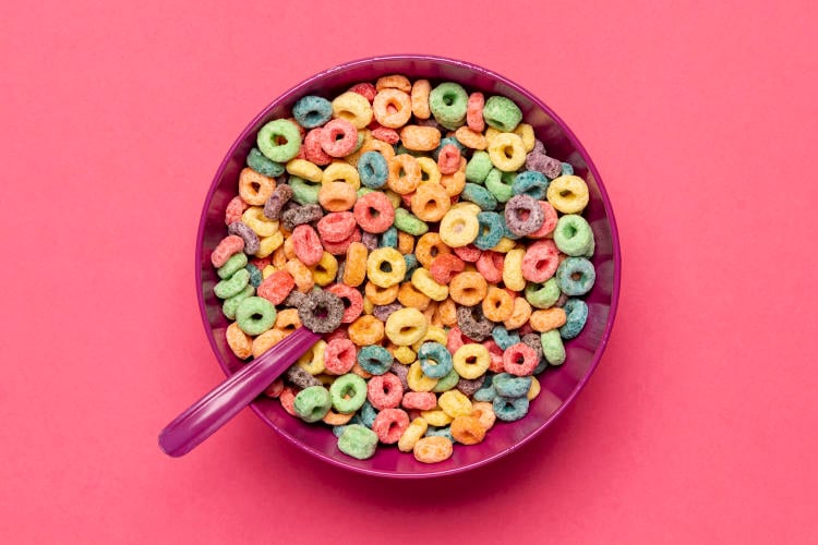 delicious and nutritious fruit cereal loops flat lay